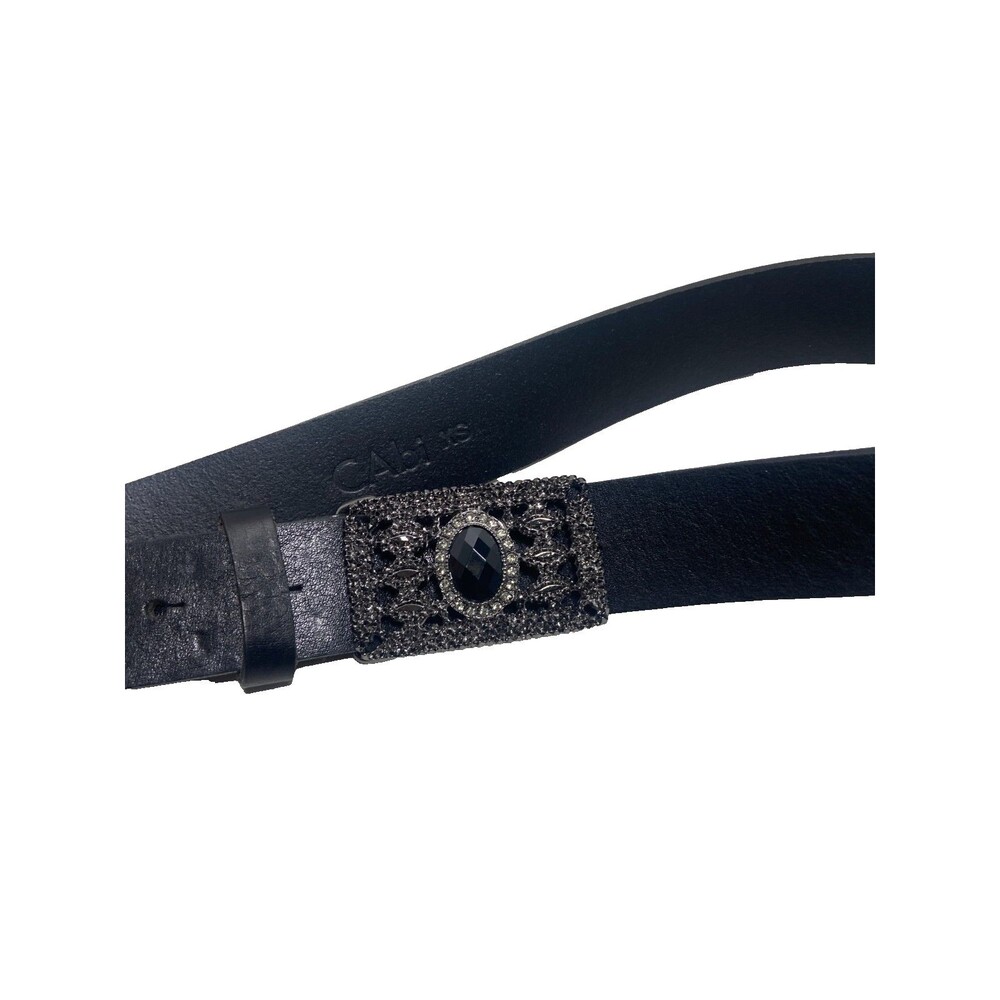 CAbi Black Faux Leather Belt w Rectangular Rhinestone Belt Buckle Womens XS